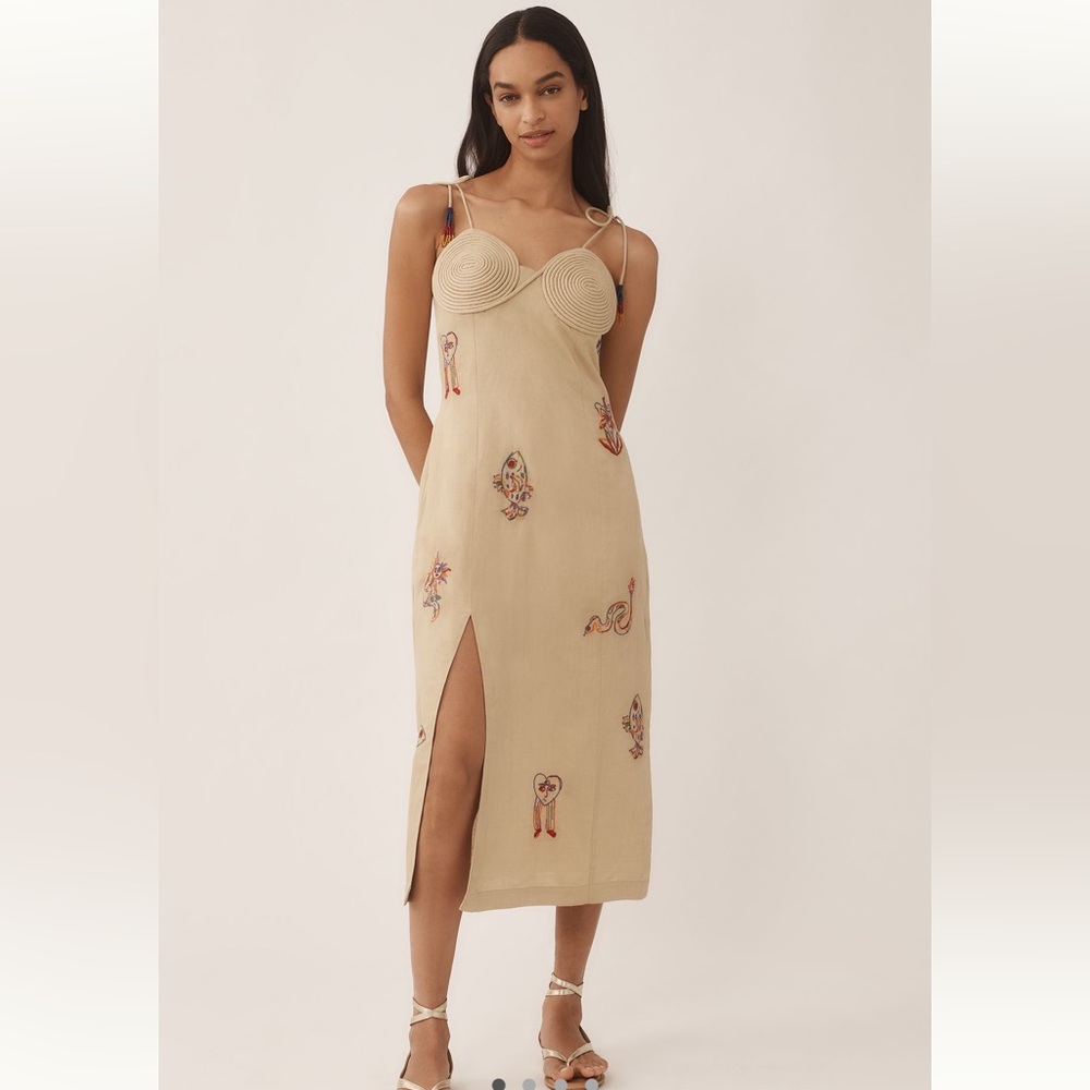 FARM Rio x Anthropologie Fish Embroidered Beige Linen Midi Dress Med NWT